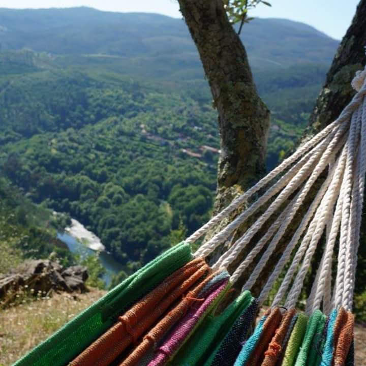Rede colorida com o rio Tâmega ao fundo
